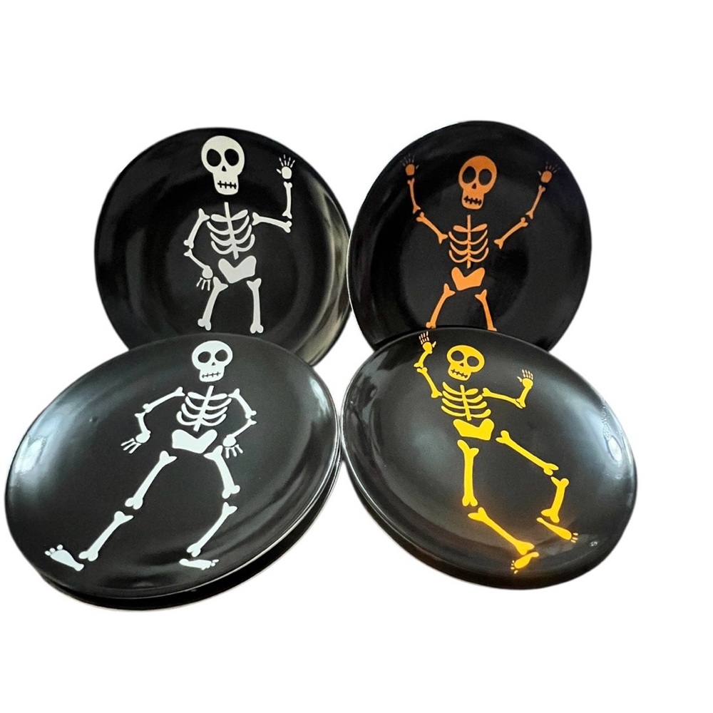 Pier 1 Six Black Halloween Plates with White, & Orange Skeletons